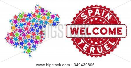 Colorful Teruel Province Map Mosaic Of Stars, And Grunge Rounded Red Welcome Seal. Abstract Geograph