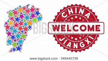 Colorful Jiangxi Province Map Collage Of Stars, And Distress Round Red Welcome Stamp. Abstract Geogr