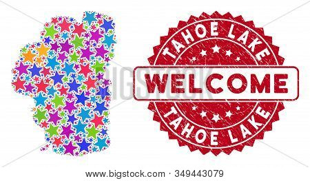 Bright Tahoe Lake Map Composition Of Stars, And Grunge Rounded Red Welcome Stamp. Abstract Territory