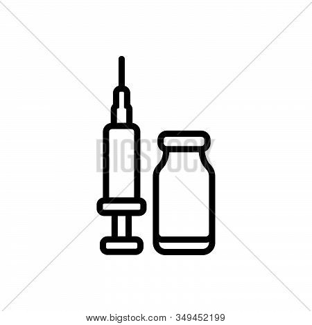 Black Line Icon For Injection Syringe Painlessly Treatment Medical Vaccination Needle Vaccine Bottle