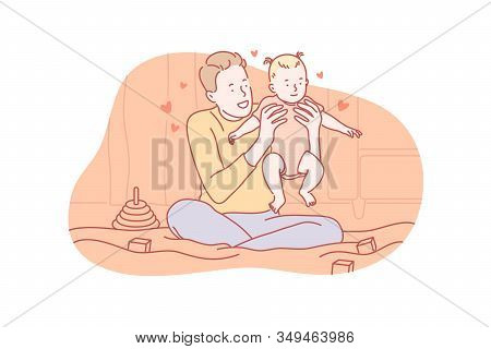 Fatherhood, Playing, Love, Fathersday Concept. Fatherhood Is Great Responsibility. Young Man Father 