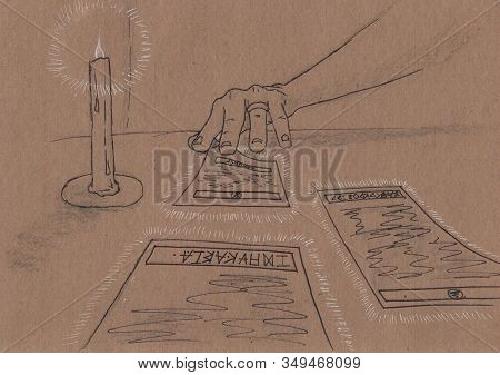 Esoteric And Magic Illustration Of Tarot Layout On Table. Fortune Teller Guesses On The Card. Figure