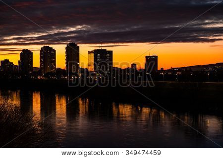 Sunset Over Sava River In Zagreb, Croatia, Dramatic Cloudy Sky