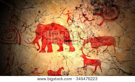 Primitive Ancient Art With Bulls And Elks