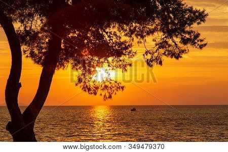 Sunset On The Adriatic Sea At Petrcane Village Near Zadar Town In Croatia, Europe.
