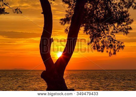 Sunset On The Adriatic Sea At Petrcane Village Near Zadar Town In Croatia, Europe.