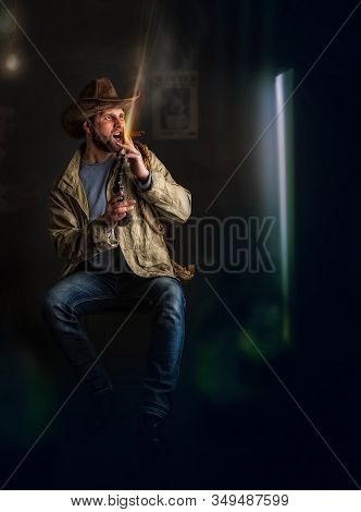 Comic Picture. Drunk Cowboy In A Wide-brimmed Hat Shoots Air From A Revolver In A Smoked Saloon