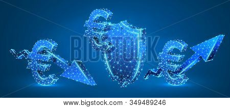 Security Shield With Euro, Growth And Downtrend Arrow Symbols Set. Low Poly, Wireframe, Digital 3d V