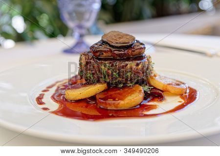 Chateaubriand steak with foie gras and truffle, French dish