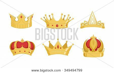 Royal Golden Crowns Collection, Symbols Of Power Of Kings Or Imperiors Vector Illustration