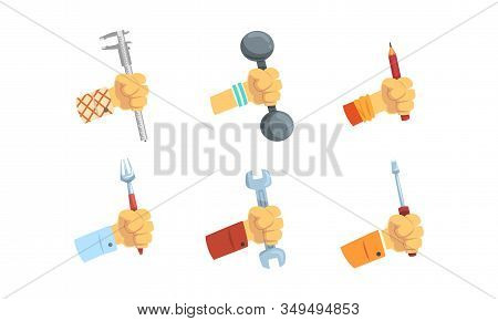 Hands Holding Tools Set, Male Hand With Symbols Of Different Professions And Hobbies Vector Illustra
