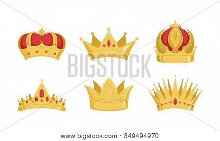 Golden Crowns Collection, Royal Symbols Of Power Of Kings Or Imperiors Vector Illustration