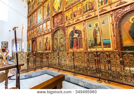 Veliky Novgorod, Russia - August 23, 2019: Russian Orthodox Church. Interior Of The Nicolo-vyazhishc