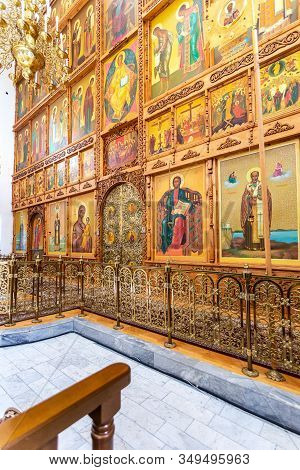 Veliky Novgorod, Russia - August 23, 2019: Russian Orthodox Church. Interior Of The Nicolo-vyazhishc