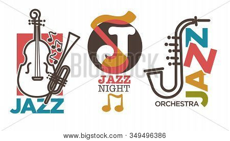 Jazz Logo Set With Saxophone And Double Bass Guitar Icons