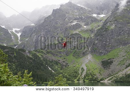 Rescue Helicopter In The Mountains, Heavy Fog, Tatra