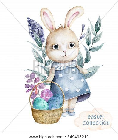 Hand Drawn Watercolor Happy Easter Set With Bunnies Design. Rabbit Bohemian Style, Isolated Boho Ill