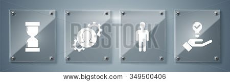Set Light Bulb In Hand, User Of Man In Business Suit, Human With Gear Inside And Old Hourglass With 