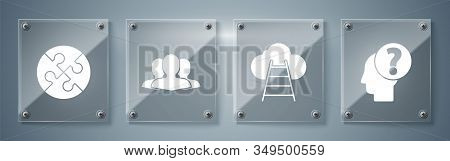 Set Human Head With Question Mark, Ladder Leading To Cloud, Users Group And Piece Of Puzzle. Square 