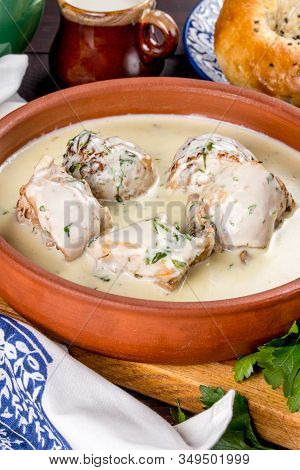 Georgian Dish With Chkmeruli Meat. Close-up Shot