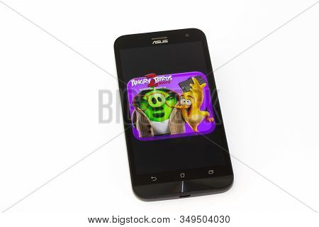 Kouvola, Finland - 23 January 2020: Game Angry Birds Logo On The Screen Of Smartphone Asus