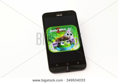 Kouvola, Finland - 23 January 2020: Game Angry Birds Logo On The Screen Of Smartphone Asus