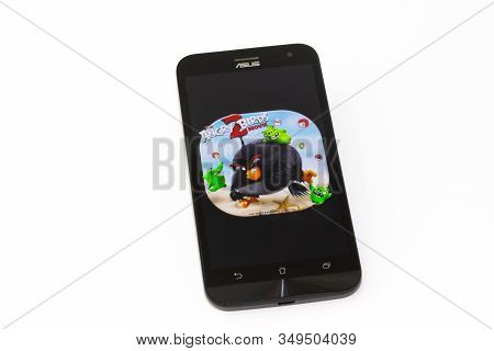 Kouvola, Finland - 23 January 2020: Game Angry Birds Logo On The Screen Of Smartphone Asus