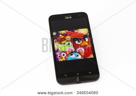 Kouvola, Finland - 23 January 2020: Game Angry Birds Logo On The Screen Of Smartphone Asus