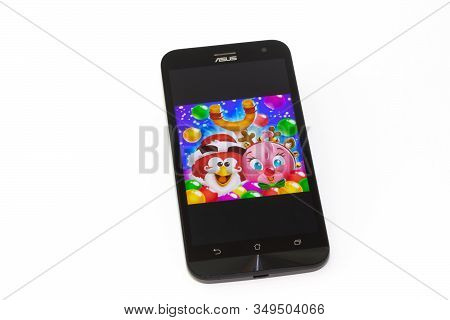 Kouvola, Finland - 23 January 2020: Game Angry Birds Logo On The Screen Of Smartphone Asus