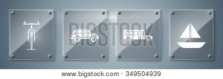 Set Yacht Sailboat Or Sailing Ship, School Bus, Hatchback Car And Bicycle. Square Glass Panels. Vect