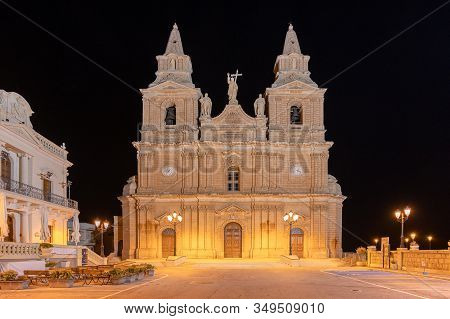 Mellieha Church In Malta Lit Up At Night Time