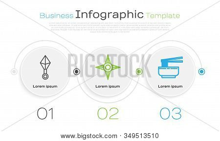 Set Line Japanese Ninja Shuriken, Japanese Ninja Shuriken And Asian Noodles In Bowl And Chopsticks. 