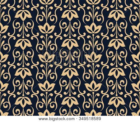 Flower Geometric Pattern. Seamless Vector Background. Gold And Dark Blue Ornament. Ornament For Fabr