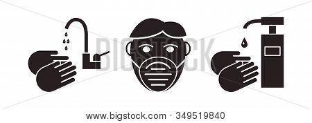Virus Prevention Icons. Wash Hands With Soap And Antiseptic. Wear A Protective Medical Mask.