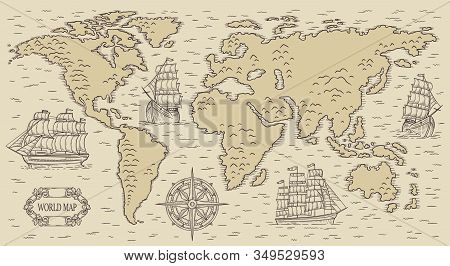 Ancient Rusic World Map With Engraved Nautical Elements Vector Illustration.