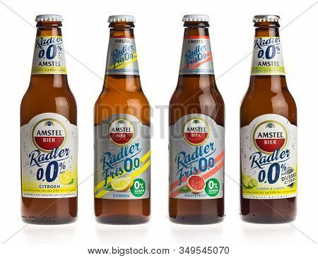 Groningen, Netherlands - February 06, 2020: Amstel Non Alcoholic Radler Beers Isolated On A White Ba