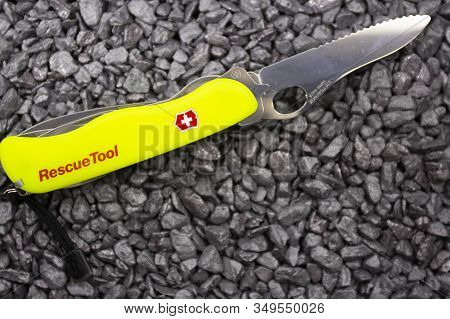Ibach, Switzerland 02.02.2020 - Yellow Rescue Tool Victorinox Swiss Army Knife