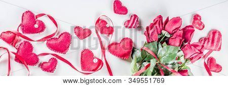 Valentines Day Background With Handmade Red Textile Hearts,red Ribbon And Roses. White Background  F