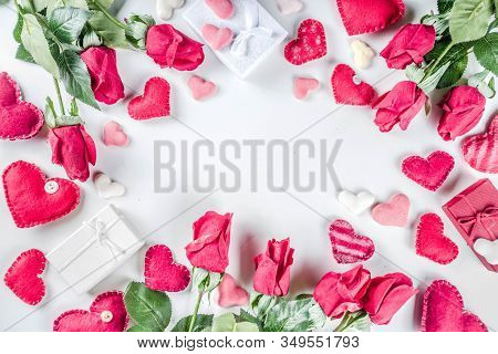 Valentines Day Background With Handmade Red Textile Hearts,red Ribbon And Roses. White Background  F