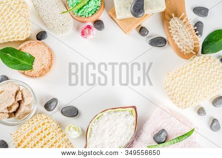 Bodycare Organic Cosmetics. Spa Setting With Basic Hygiene Treatment - Sea Salt, Washcloth And Natur