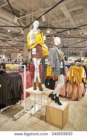 MOSCOW, RUSSIA - SEPTEMBER 14, 2019: interior shot of Sinsay store at Salaris shopping mall in Moscow.