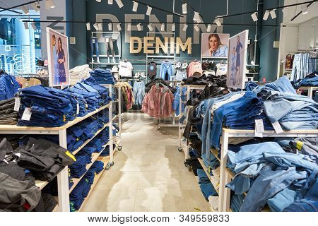MOSCOW, RUSSIA - SEPTEMBER 14, 2019: interior shot of Sinsay store at Salaris shopping mall in Moscow.