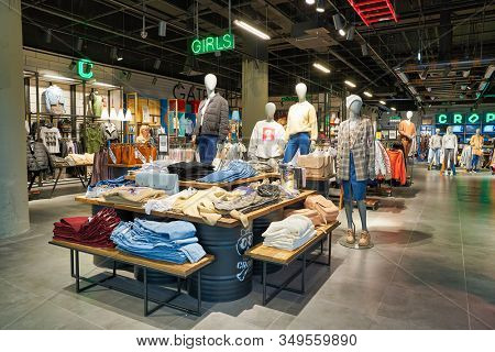 MOSCOW, RUSSIA - SEPTEMBER 14, 2019: interior shot of Cropp store at Salaris shopping mall in Moscow.
