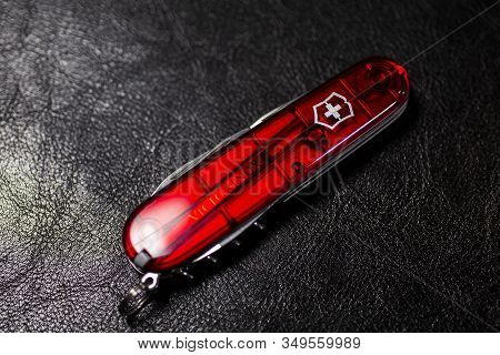 Ibach, Switzerland 02.02.2020 - Red Black Swiss Army Knife Victorinox