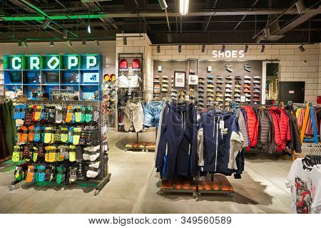 MOSCOW, RUSSIA - SEPTEMBER 14, 2019: interior shot of Cropp store at Salaris shopping mall in Moscow.