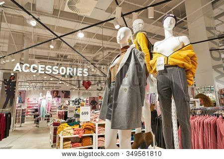 MOSCOW, RUSSIA - SEPTEMBER 14, 2019: interior shot of Sinsay store at Salaris shopping mall in Moscow.