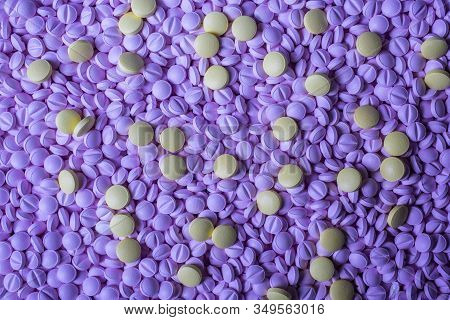 Colowed Pills Background. Drugs, Painkillers, Colds And Other Medicines.
