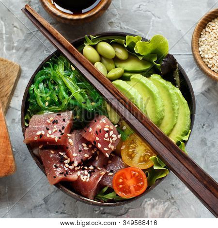 Hawaiian Tuna Poke Salad In The Bowl Top View