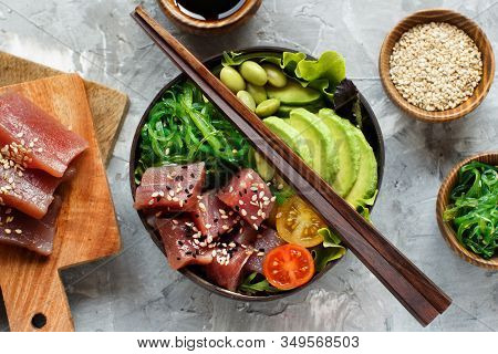 Hawaiian Tuna Poke Salad In The Bowl Top View