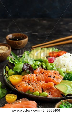 Hawaiian Salmon Poke Salad With Rice Close Up